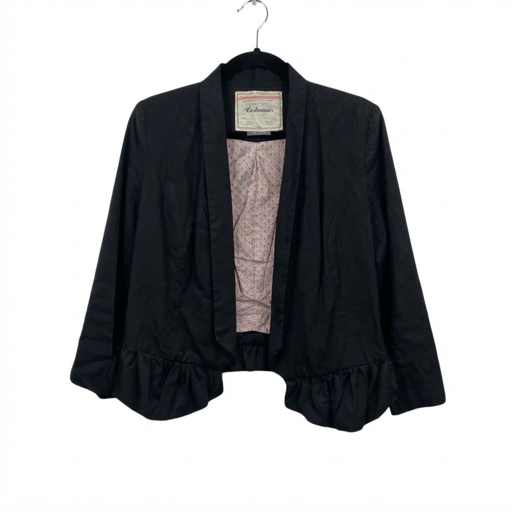 Anthropologie Cartonnier Black Tencel Ruffle Hem Open Blazer Small Romantic